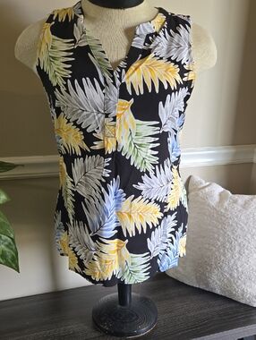 crown & ivy Black Tropical Leaf Print Camisole with Yellow, Blue & Green Accents